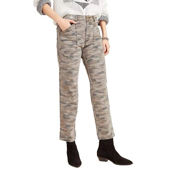 Anthropologie Size 29 Camo Cropped Cargo Utility Pants Embroidered Detail Green - Picture 1 of 11